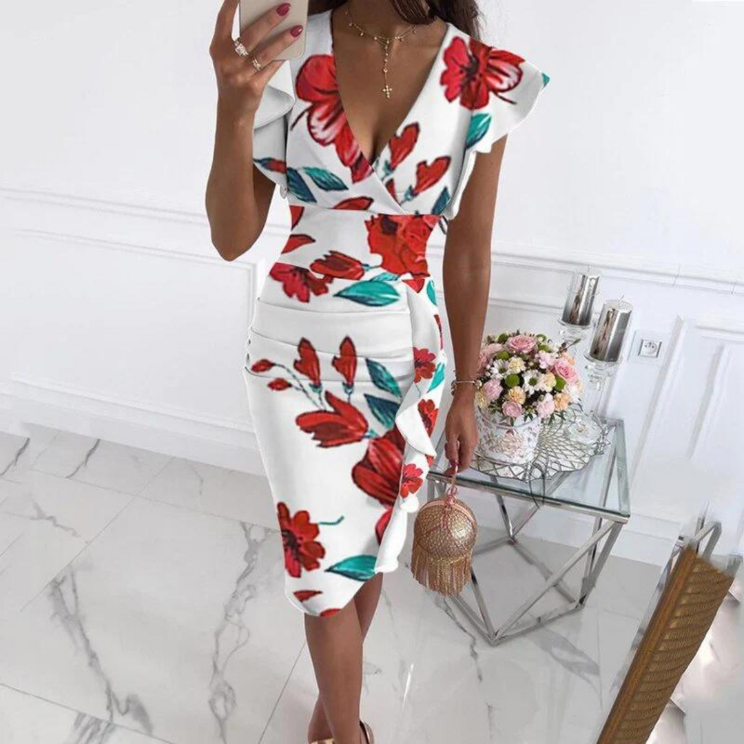 Chic V-Neck Dress with Gathered Sleeves - Ava