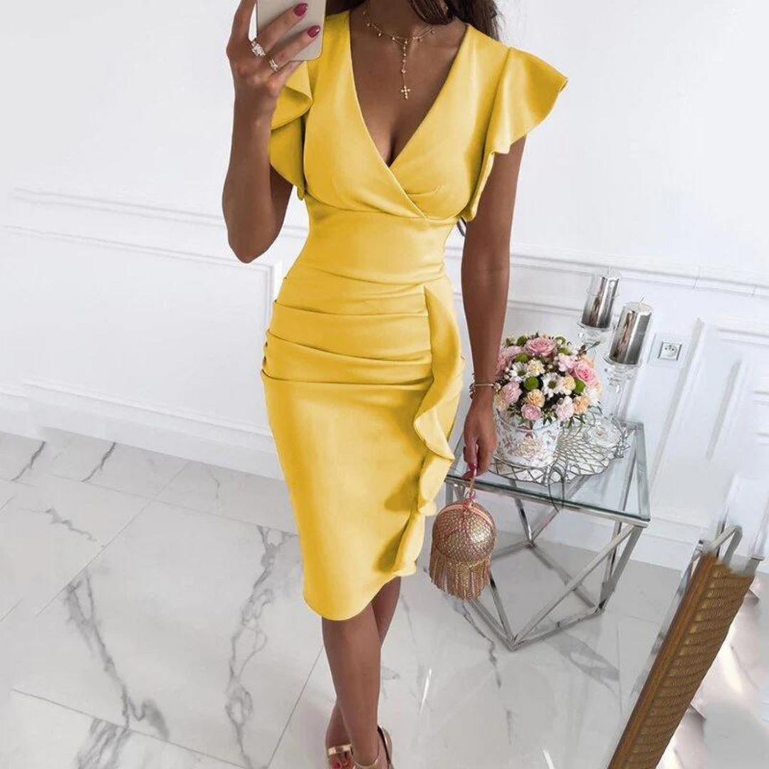 Chic V-Neck Dress with Gathered Sleeves - Ava