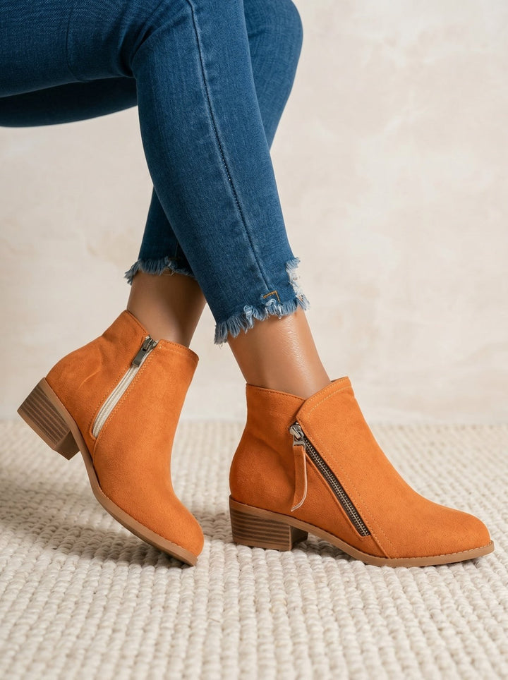 Women's Suede Ankle Boots with Low Block Heel and Side Zip - Comfortable Casual Everyday Walking Booties for Work