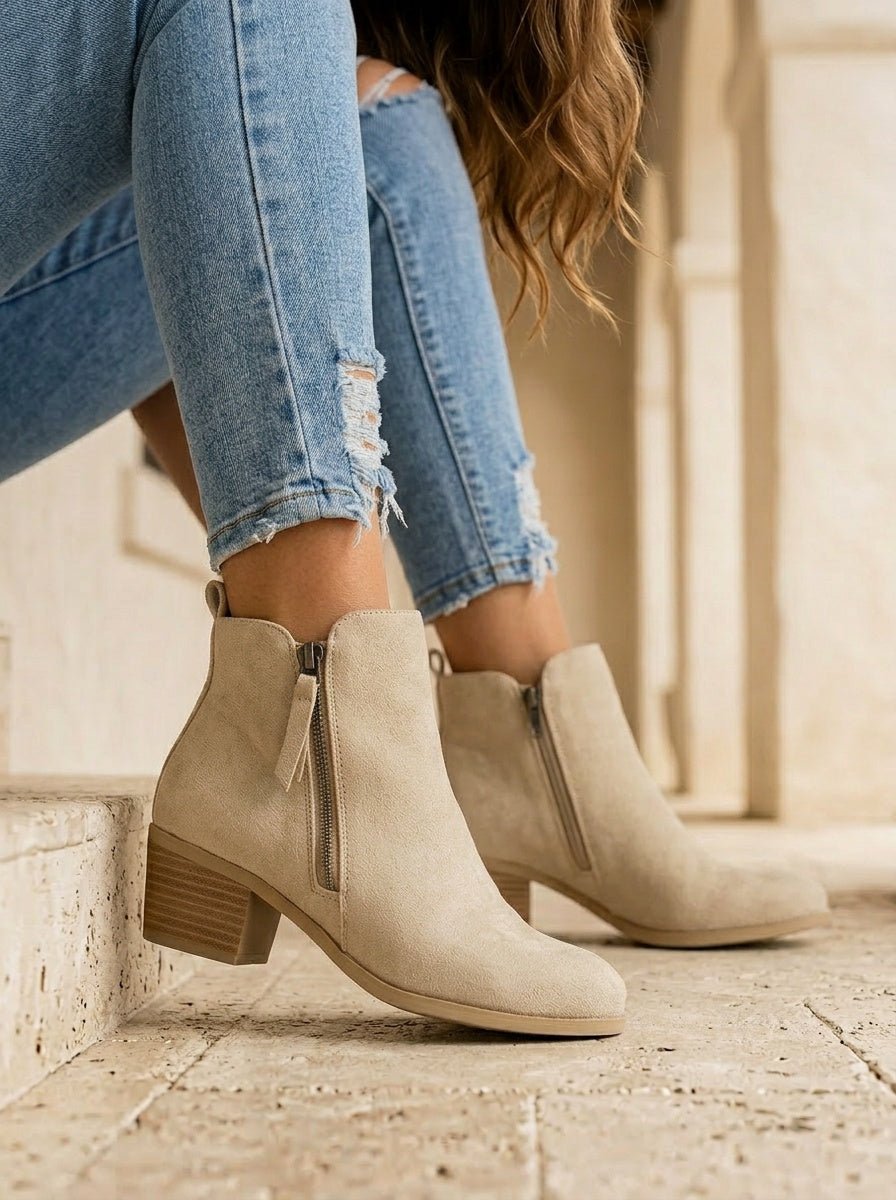Women's Suede Ankle Boots with Low Block Heel and Side Zip - Comfortable Casual Everyday Walking Booties for Work