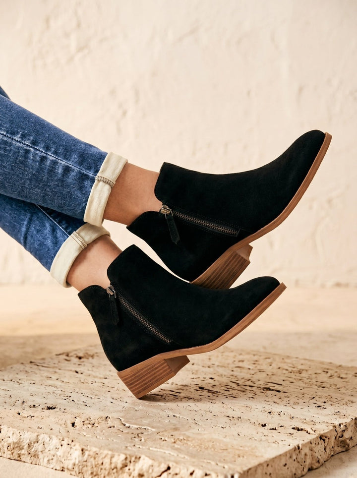 Women's Suede Ankle Boots with Low Block Heel and Side Zip - Comfortable Casual Everyday Walking Booties for Work