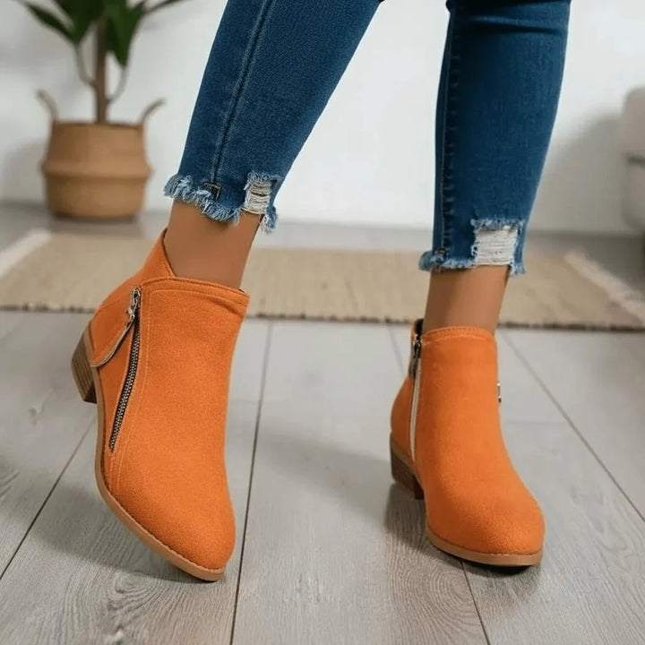 Women's Suede Ankle Boots with Low Block Heel and Side Zip - Comfortable Casual Everyday Walking Booties for Work