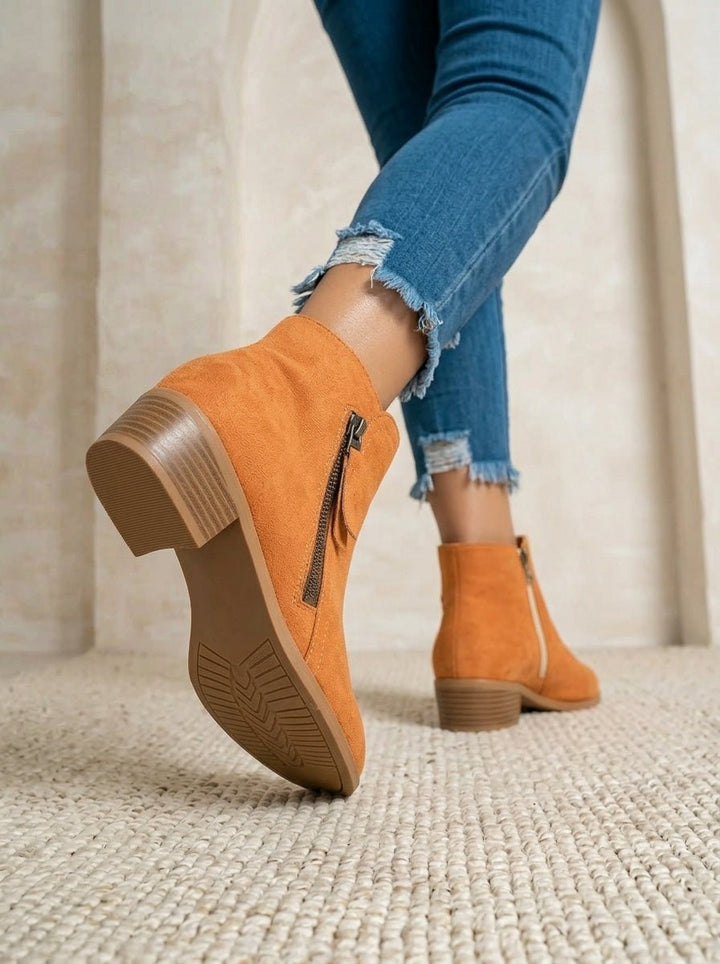 Women's Suede Ankle Boots with Low Block Heel and Side Zip - Comfortable Casual Everyday Walking Booties for Work