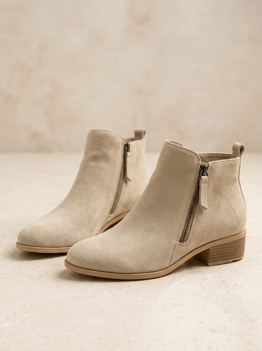 Women's Suede Ankle Boots with Low Block Heel and Side Zip - Comfortable Casual Everyday Walking Booties for Work