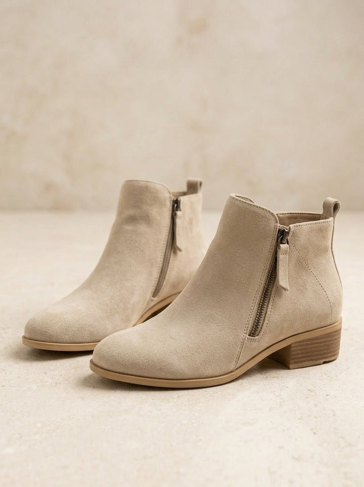 Women's Suede Ankle Boots with Low Block Heel and Side Zip - Comfortable Casual Everyday Walking Booties for Work