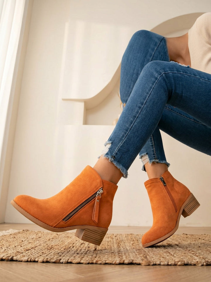 Women's Suede Ankle Boots with Low Block Heel and Side Zip - Comfortable Casual Everyday Walking Booties for Work