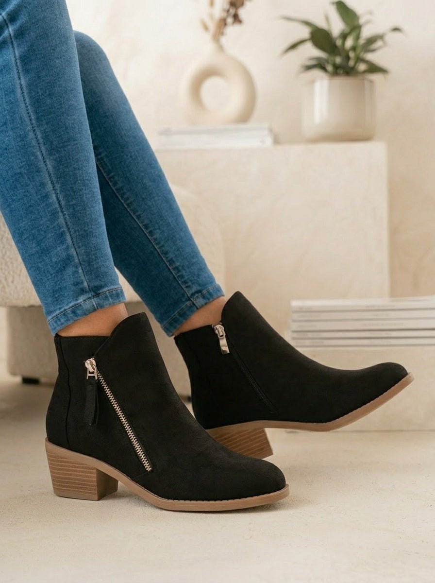 Women's Suede Ankle Boots with Low Block Heel and Side Zip - Comfortable Casual Everyday Walking Booties for Work