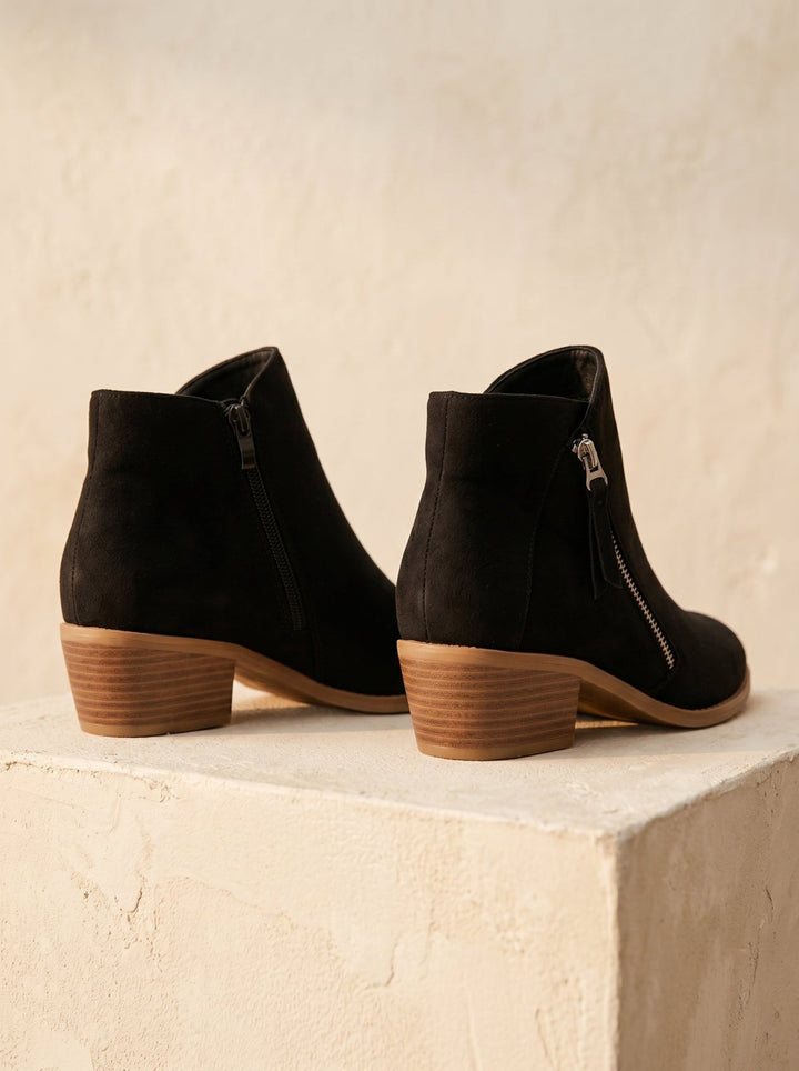 Women's Suede Ankle Boots with Low Block Heel and Side Zip - Comfortable Casual Everyday Walking Booties for Work