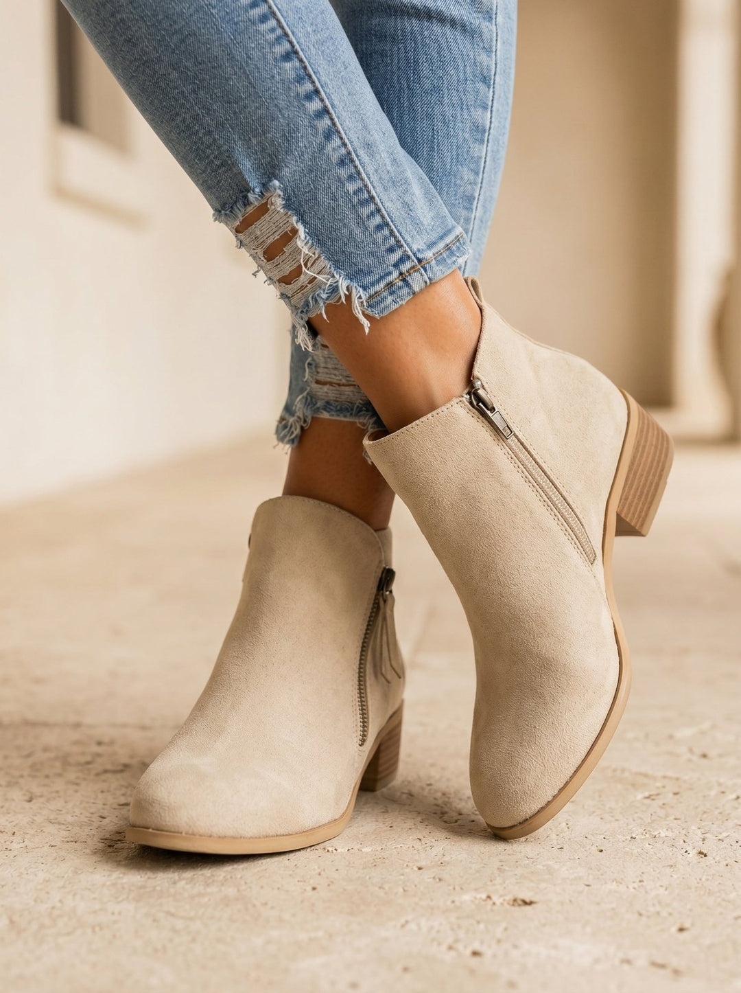 Women's Suede Ankle Boots with Low Block Heel and Side Zip - Comfortable Casual Everyday Walking Booties for Work