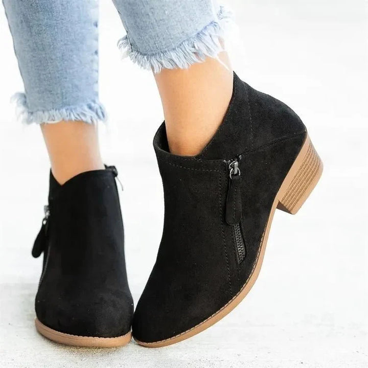 Women's Suede Ankle Boots with Low Block Heel and Side Zip - Comfortable Casual Everyday Walking Booties for Work
