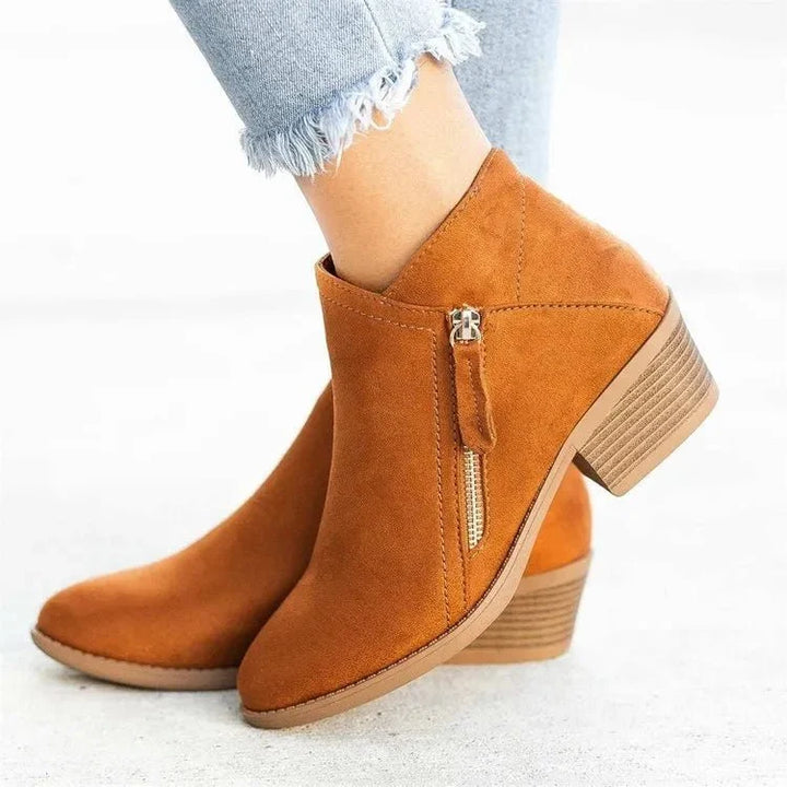 Women's Suede Ankle Boots with Low Block Heel and Side Zip - Comfortable Casual Everyday Walking Booties for Work