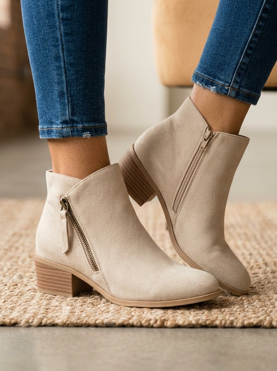 Women's Suede Ankle Boots with Low Block Heel and Side Zip - Comfortable Casual Everyday Walking Booties for Work