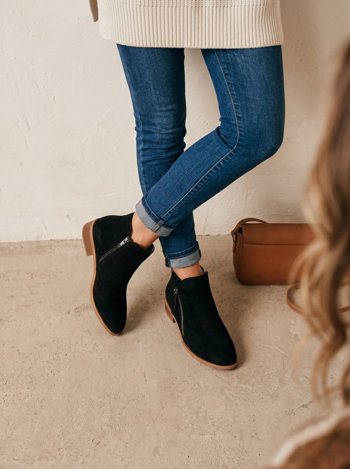 Women's Suede Ankle Boots with Low Block Heel and Side Zip - Comfortable Casual Everyday Walking Booties for Work
