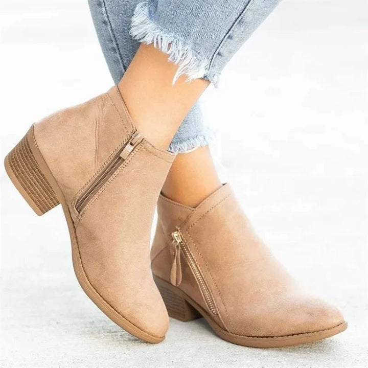 Women's Suede Ankle Boots with Low Block Heel and Side Zip - Comfortable Casual Everyday Walking Booties for Work