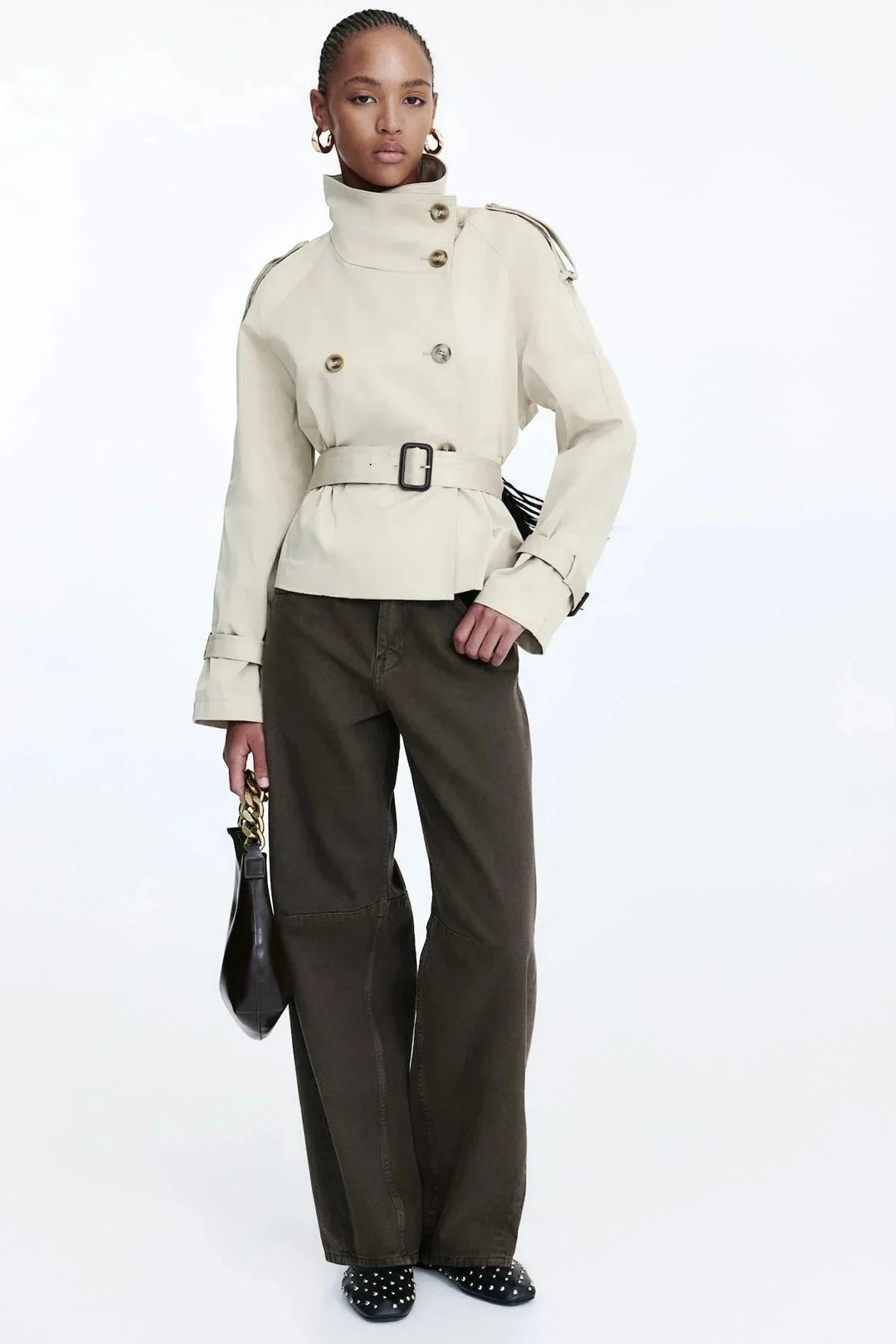Women's Trench Coat with Stand-Up Collar and Tied Belt