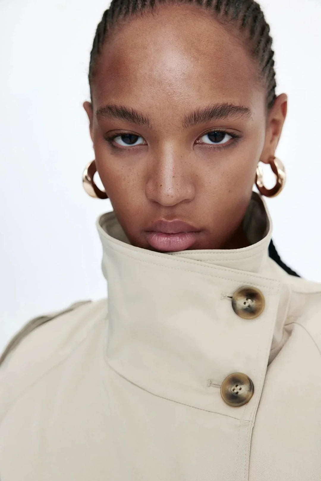 Women's Trench Coat with Stand-Up Collar and Tied Belt