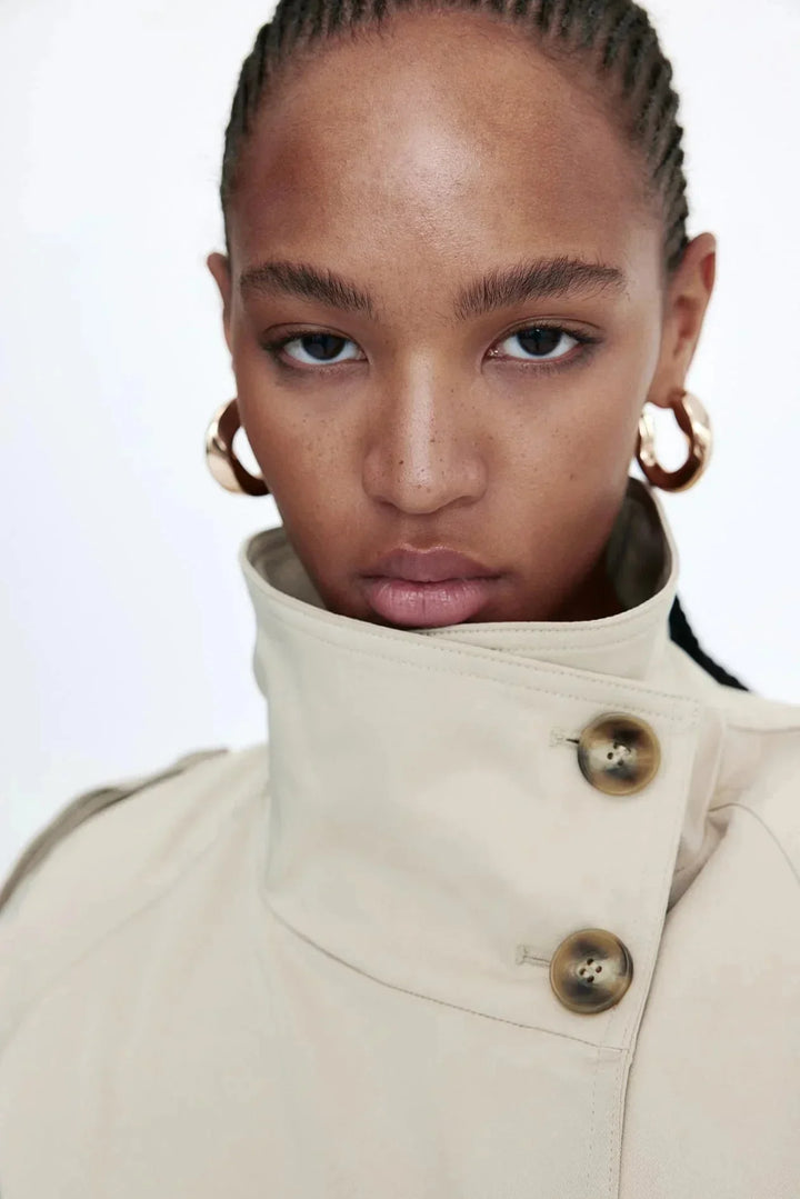 Women's Trench Coat with Stand-Up Collar and Tied Belt