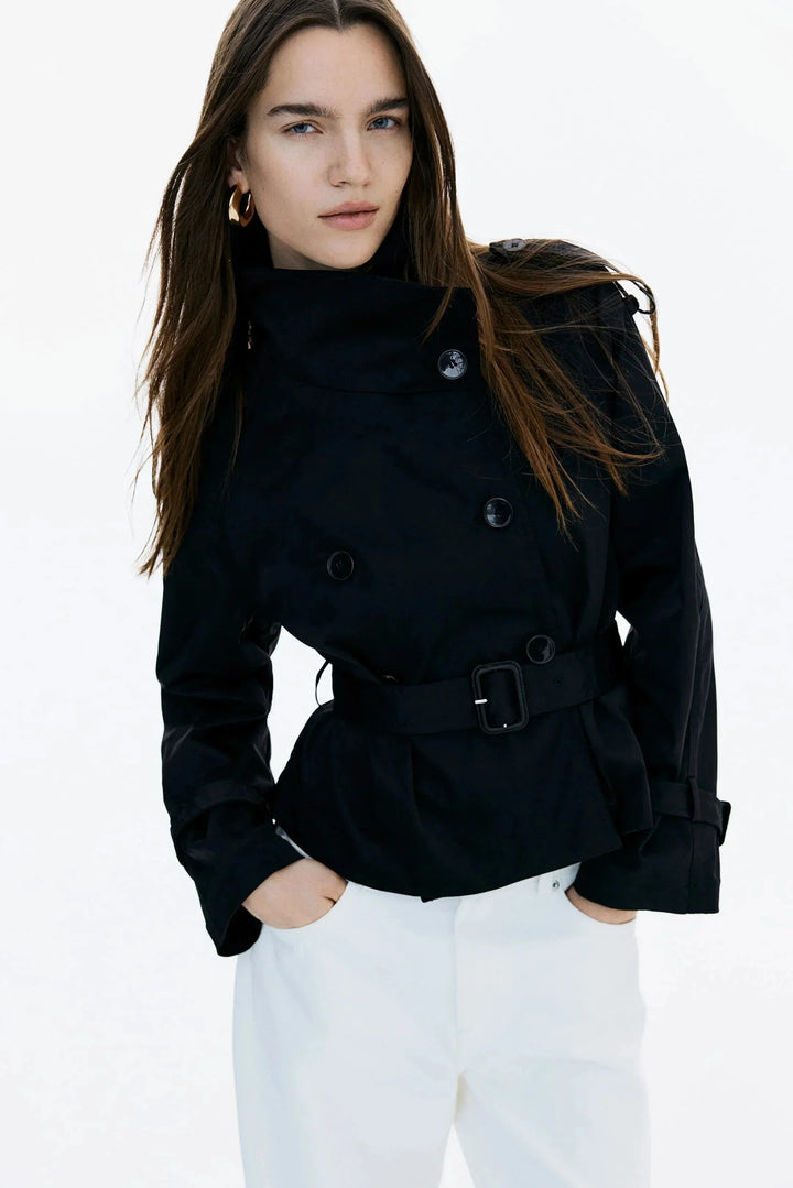 Women's Trench Coat with Stand-Up Collar and Tied Belt
