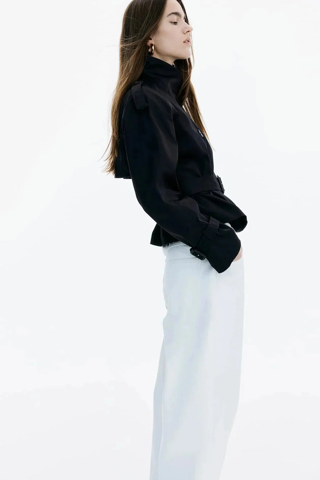 Women's Trench Coat with Stand-Up Collar and Tied Belt