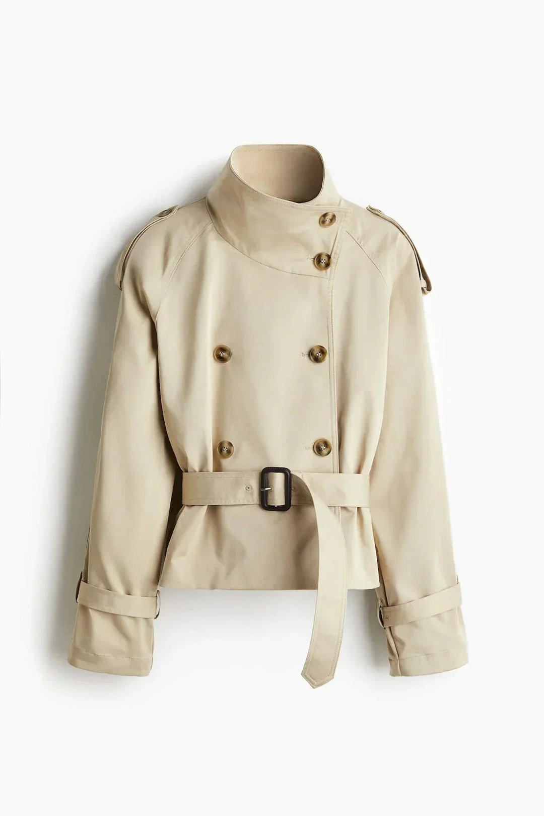 Women's Trench Coat with Stand-Up Collar and Tied Belt