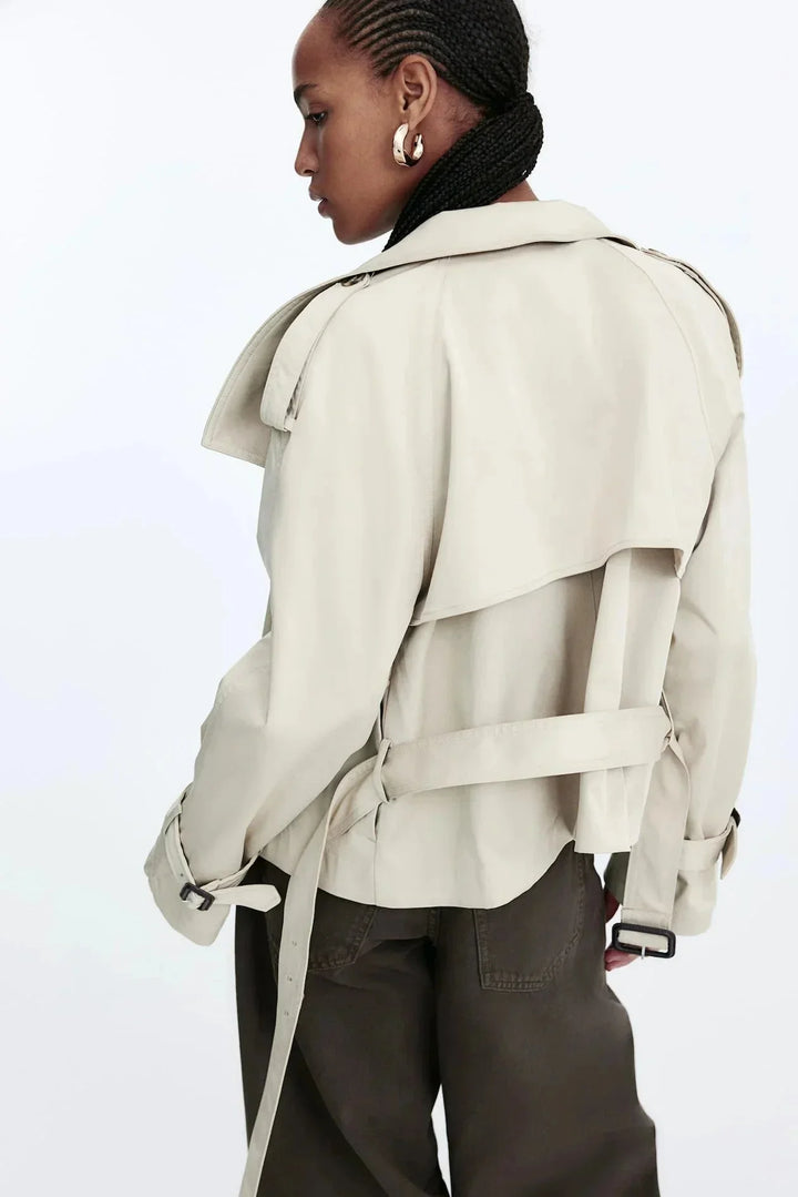 Women's Trench Coat with Stand-Up Collar and Tied Belt
