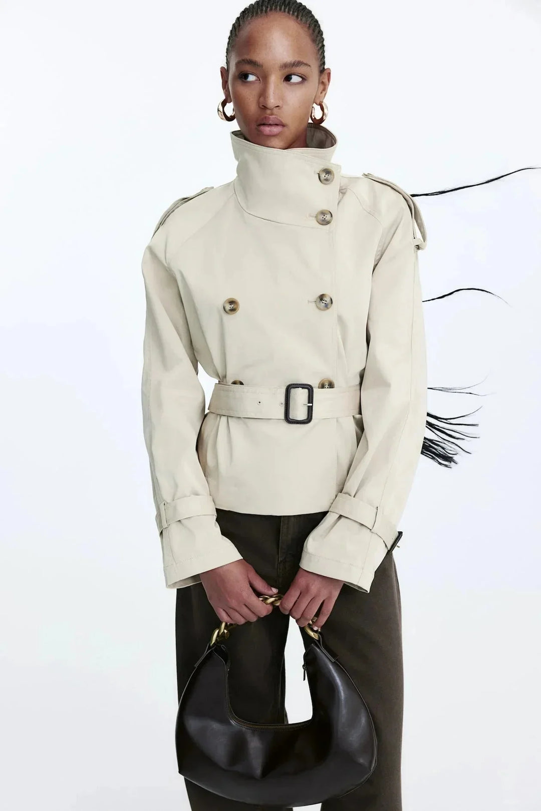 Women's Trench Coat with Stand-Up Collar and Tied Belt