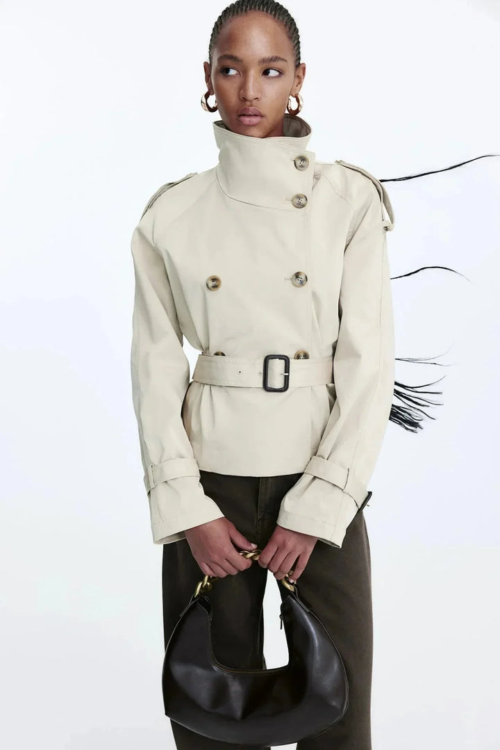 Women's Trench Coat with Stand-Up Collar and Tied Belt