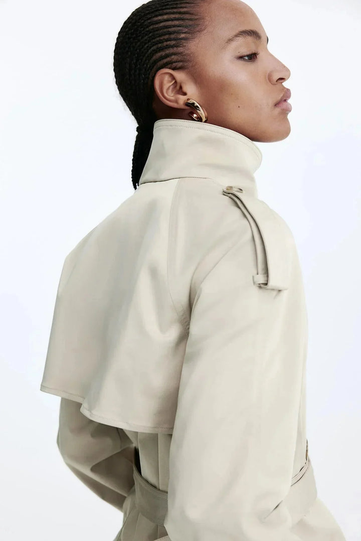 Women's Trench Coat with Stand-Up Collar and Tied Belt