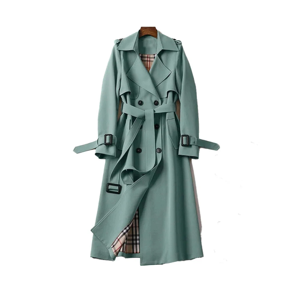 Women's long trench coat with belt and lapels