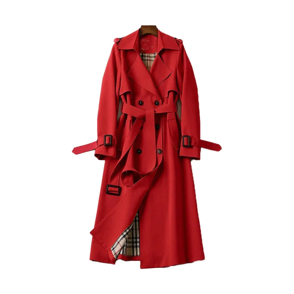 Women's long trench coat with belt and lapels