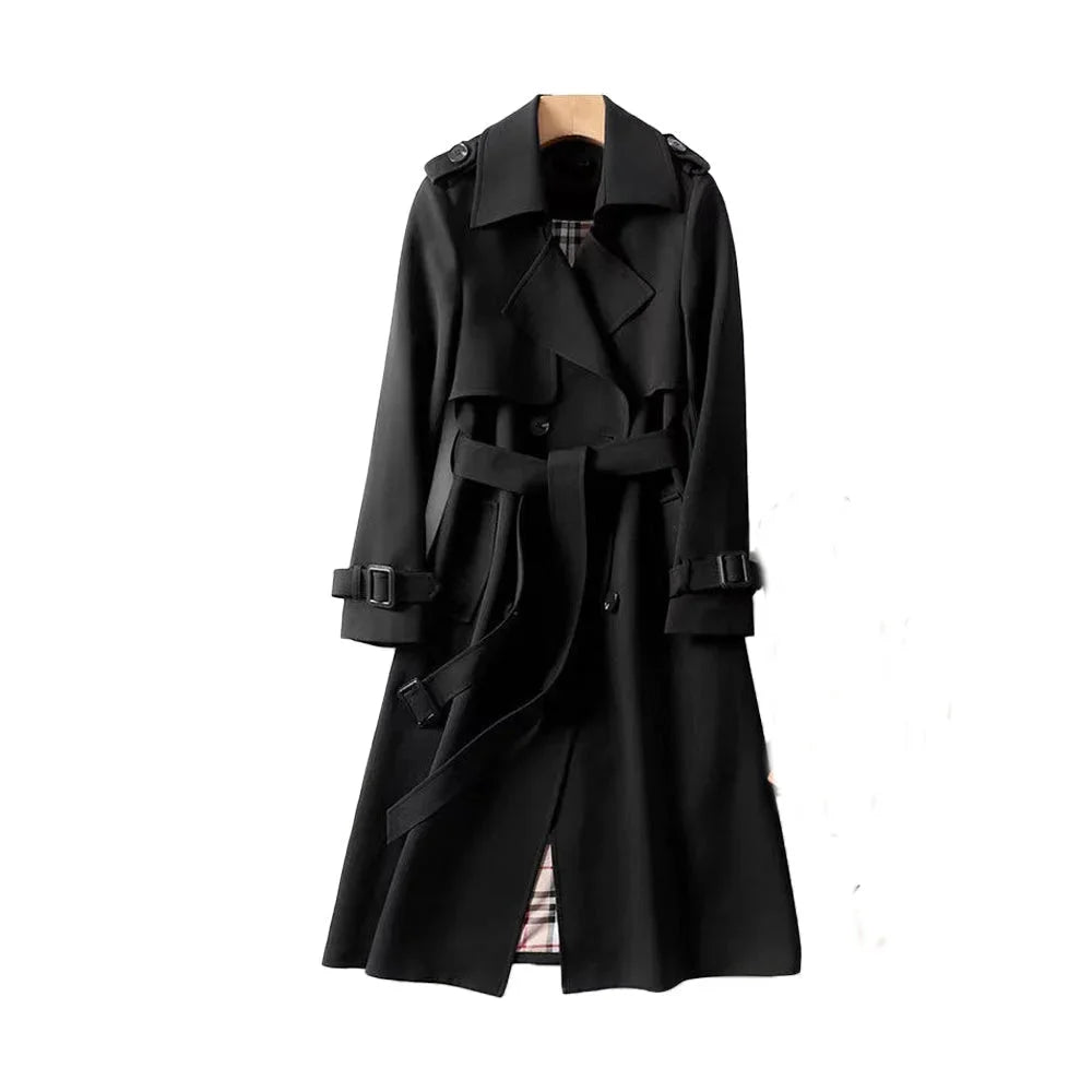 Women's long trench coat with belt and lapels