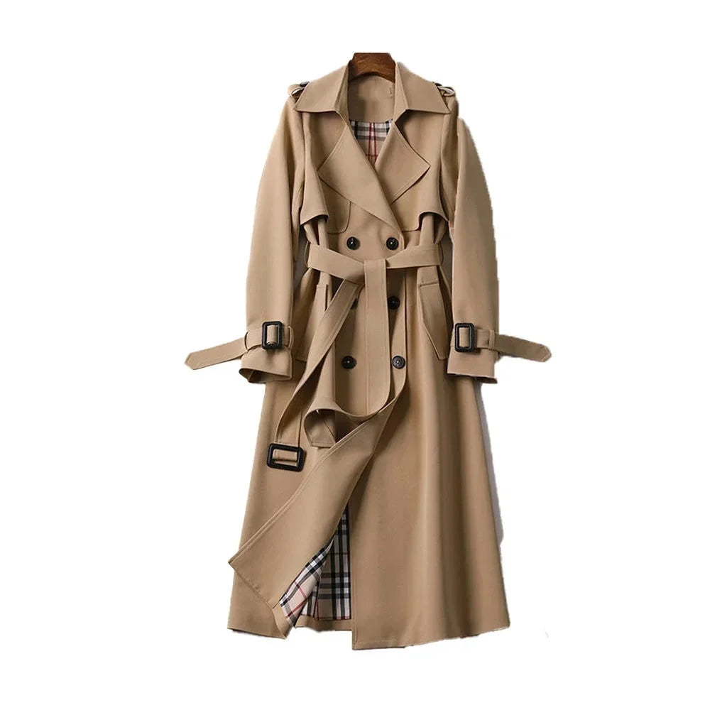 Women's long trench coat with belt and lapels
