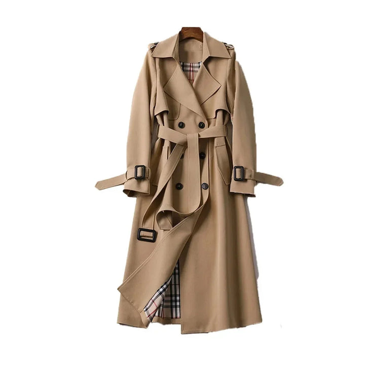 Women's long trench coat with belt and lapels