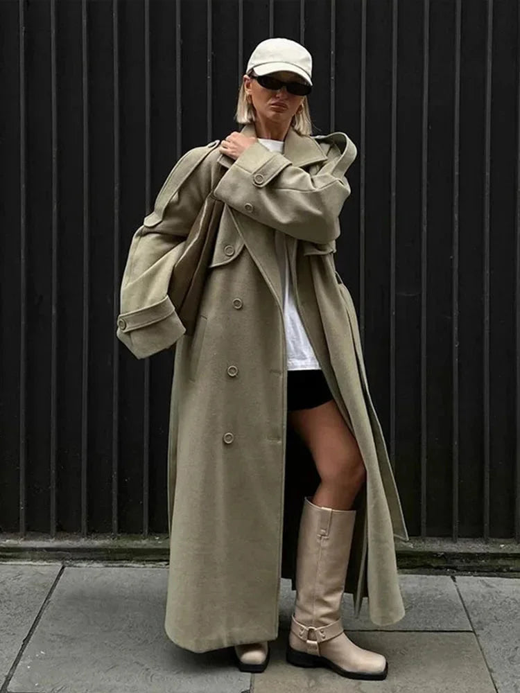 Long oversized trench coat for women with wide lapels