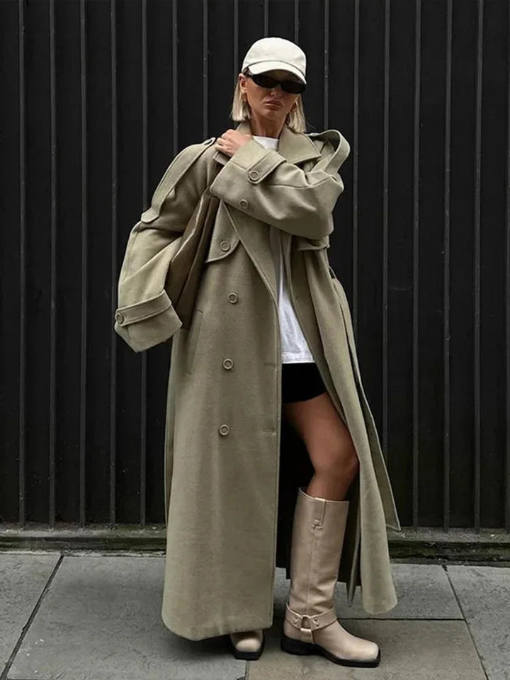 Long oversized trench coat for women with wide lapels