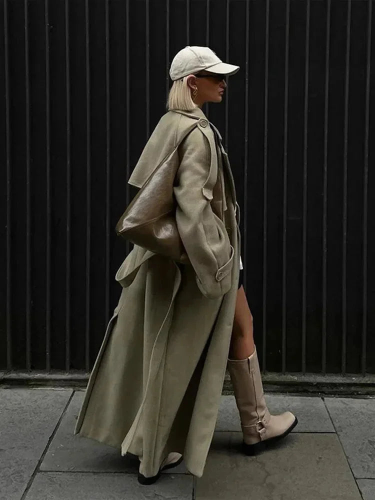 Long oversized trench coat for women with wide lapels