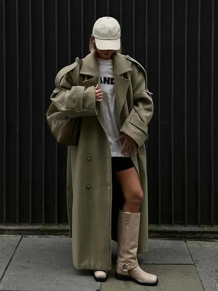 Long oversized trench coat for women with wide lapels