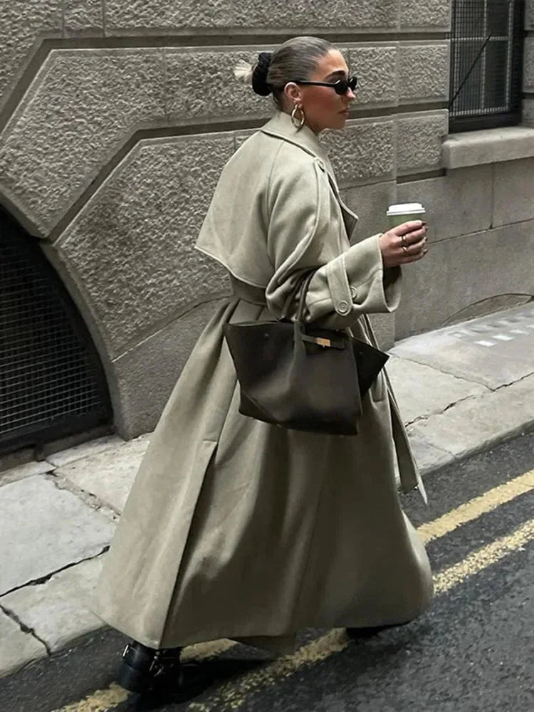 Long oversized trench coat for women with wide lapels