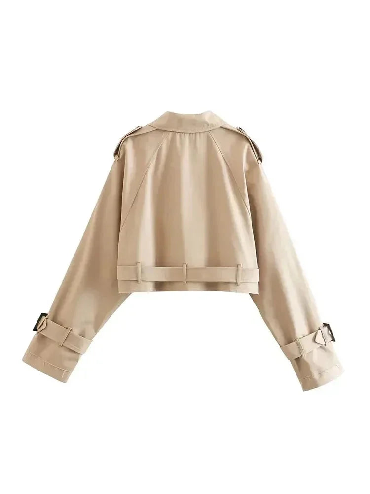 Short beige trench coat for women with elegant long sleeves