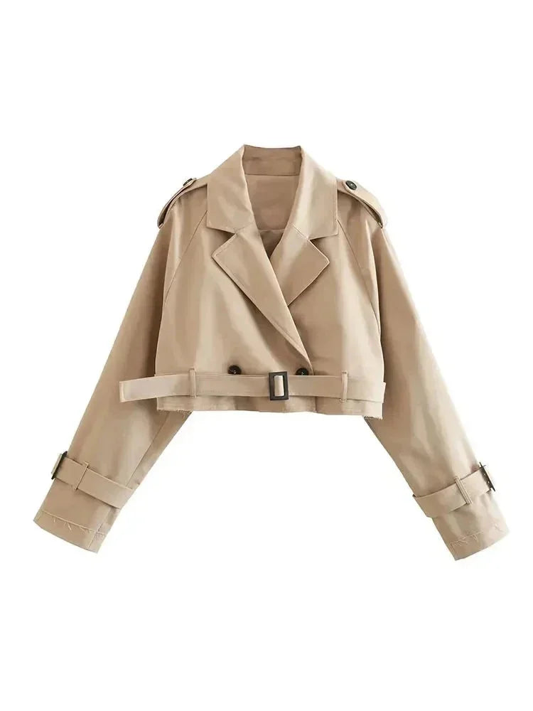 Short beige trench coat for women with elegant long sleeves