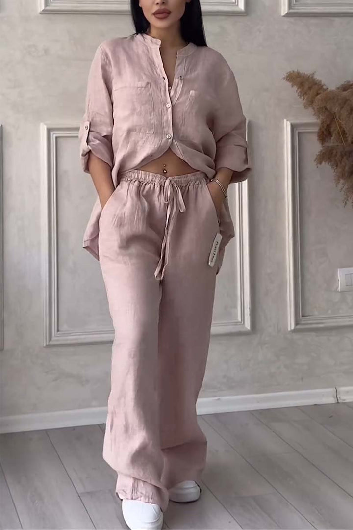 Chic Linen Two-Piece Ensemble for Women Featuring Top and Flowing Pants – Mia