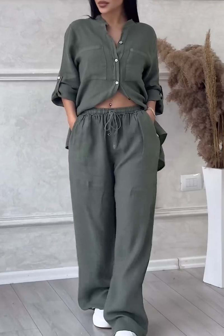 Chic Linen Two-Piece Ensemble for Women Featuring Top and Flowing Pants – Mia