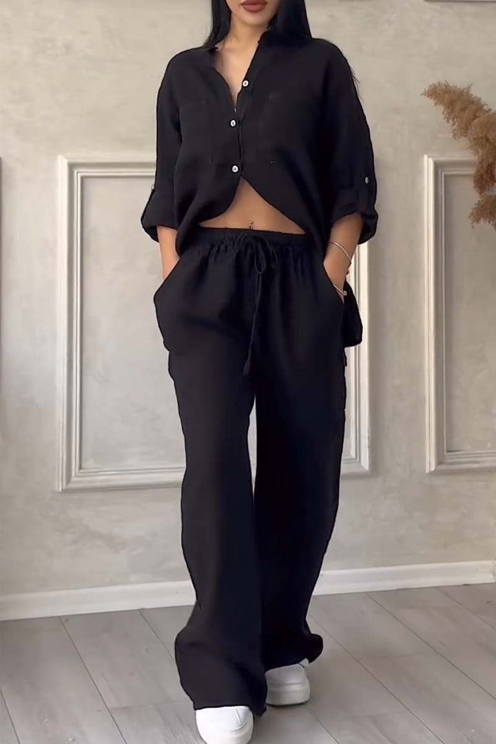 Chic Linen Two-Piece Ensemble for Women Featuring Top and Flowing Pants – Mia