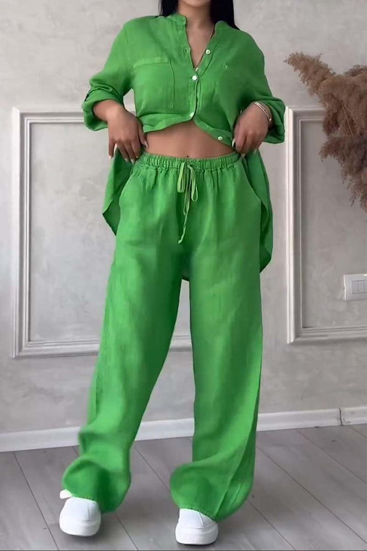 Chic Linen Two-Piece Ensemble for Women Featuring Top and Flowing Pants – Mia