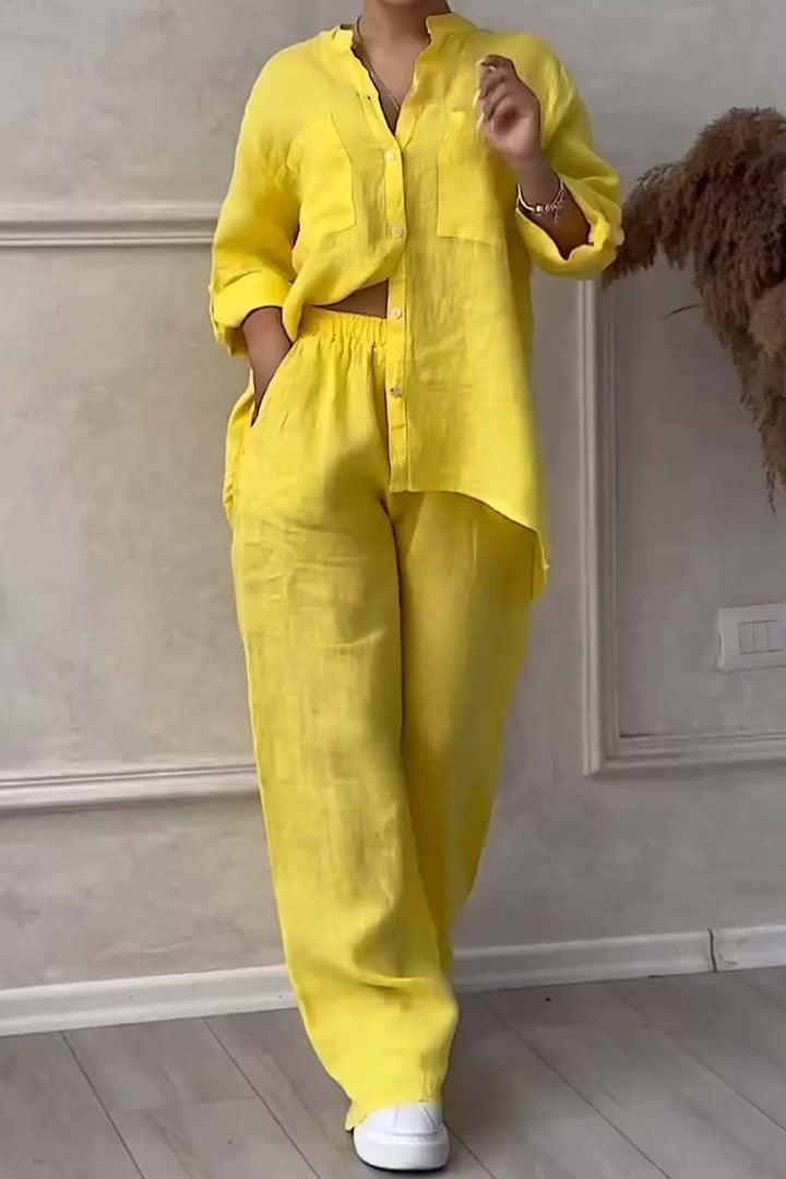 Chic Linen Two-Piece Ensemble for Women Featuring Top and Flowing Pants – Mia