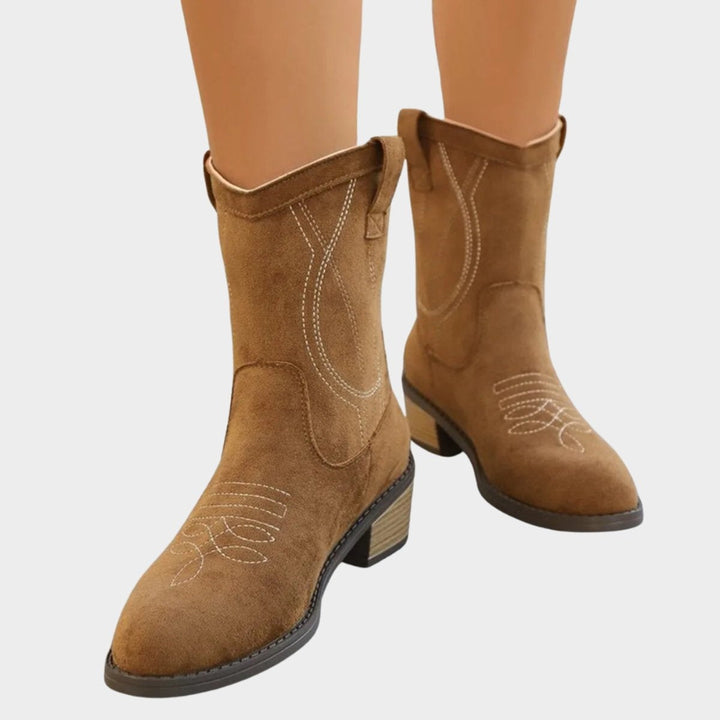 Triana | Women's Embroidered Suede Cowboy Ankle Boots with Block Heel