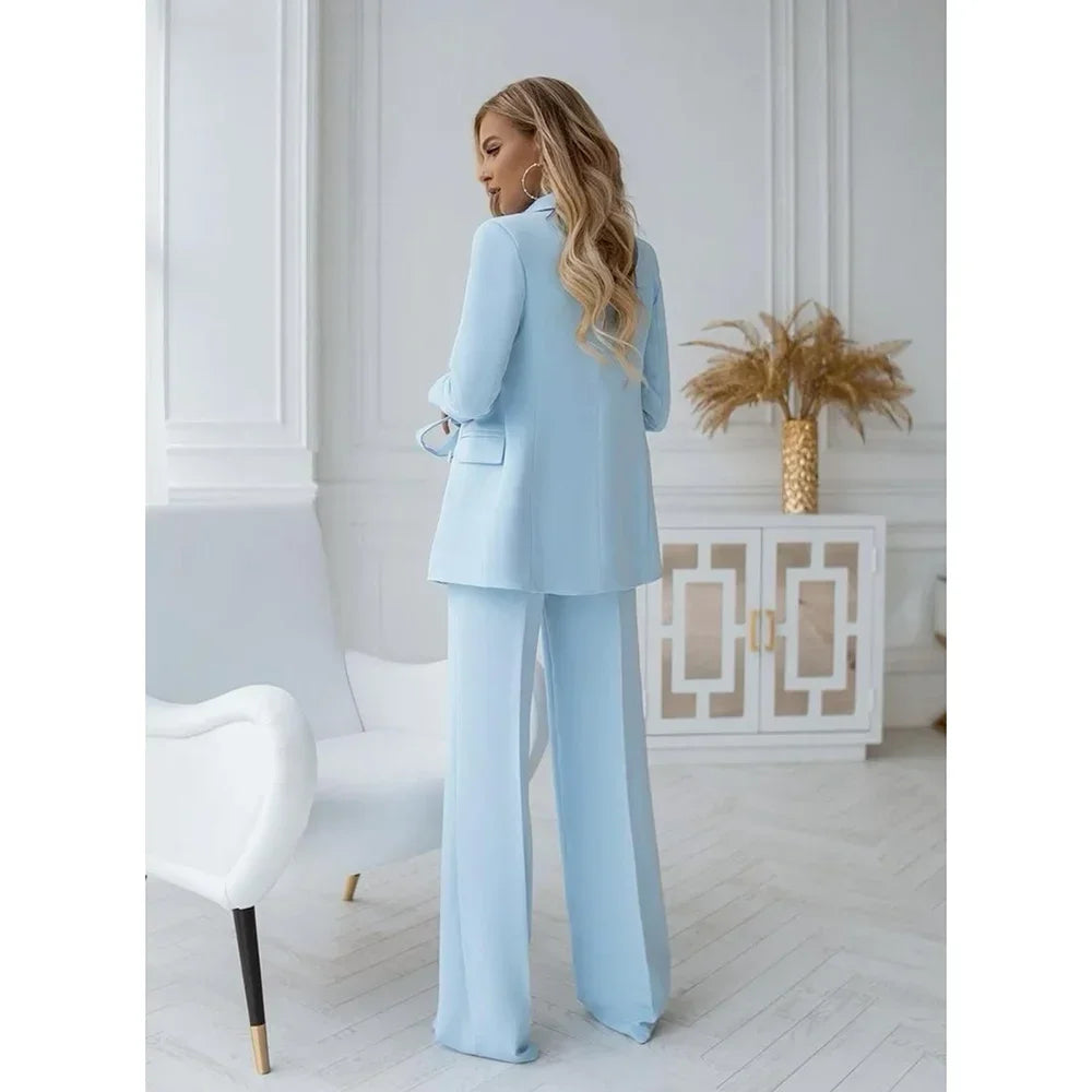 Light Blue Double-Breasted Trouser Suit Ensemble – Bella