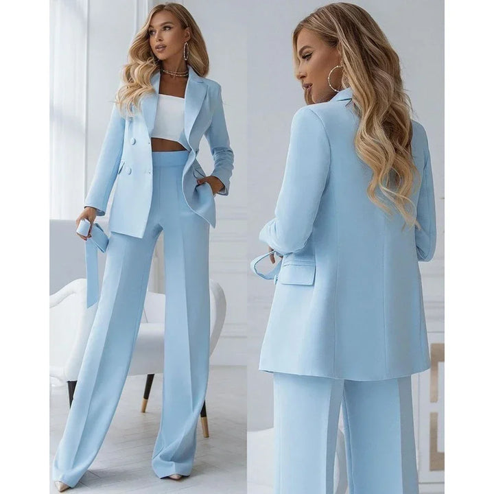 Light Blue Double-Breasted Trouser Suit Ensemble – Bella