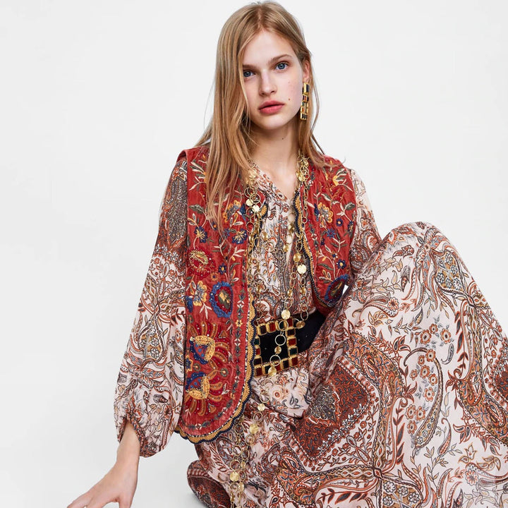 Uxía | Long Boho Vest for Women with Paisley Print and V-Neck