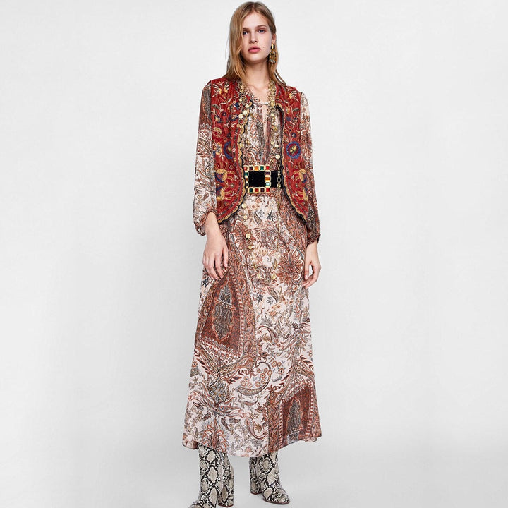 Uxía | Long Boho Vest for Women with Paisley Print and V-Neck